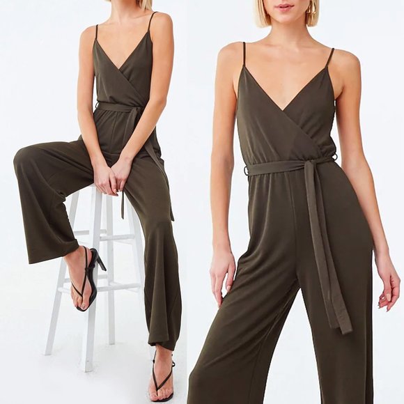 Olive Green Surplice V Neck Wide Leg Belt Jumpsuit - Picture 5 of 8